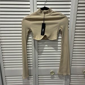 Fashion Nova Tan Long Sleeve Fitted Crop Bodysuit